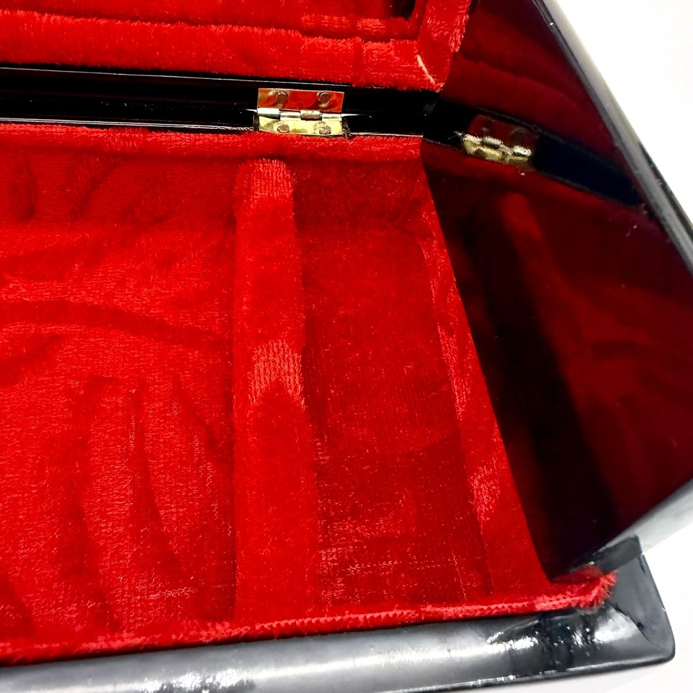 Vintage Asian Black Lacquer Jewelry Box Hand Painted Red Velvet Mirror 7.5" - Picture 4 of 13